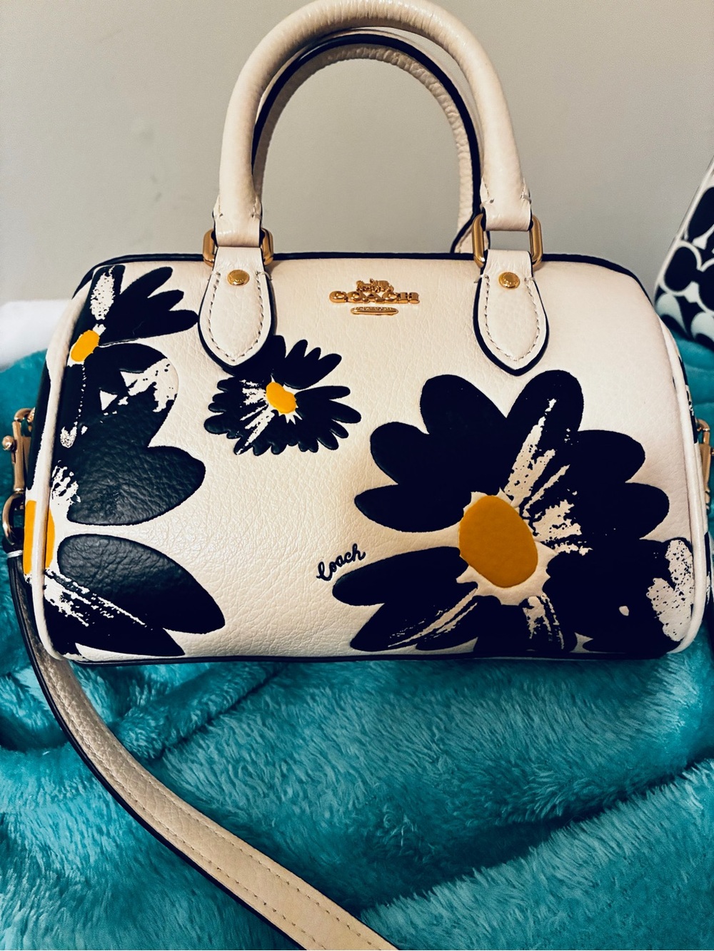 Coach Cream Mini Satchel with Black & Yellow Floral Print